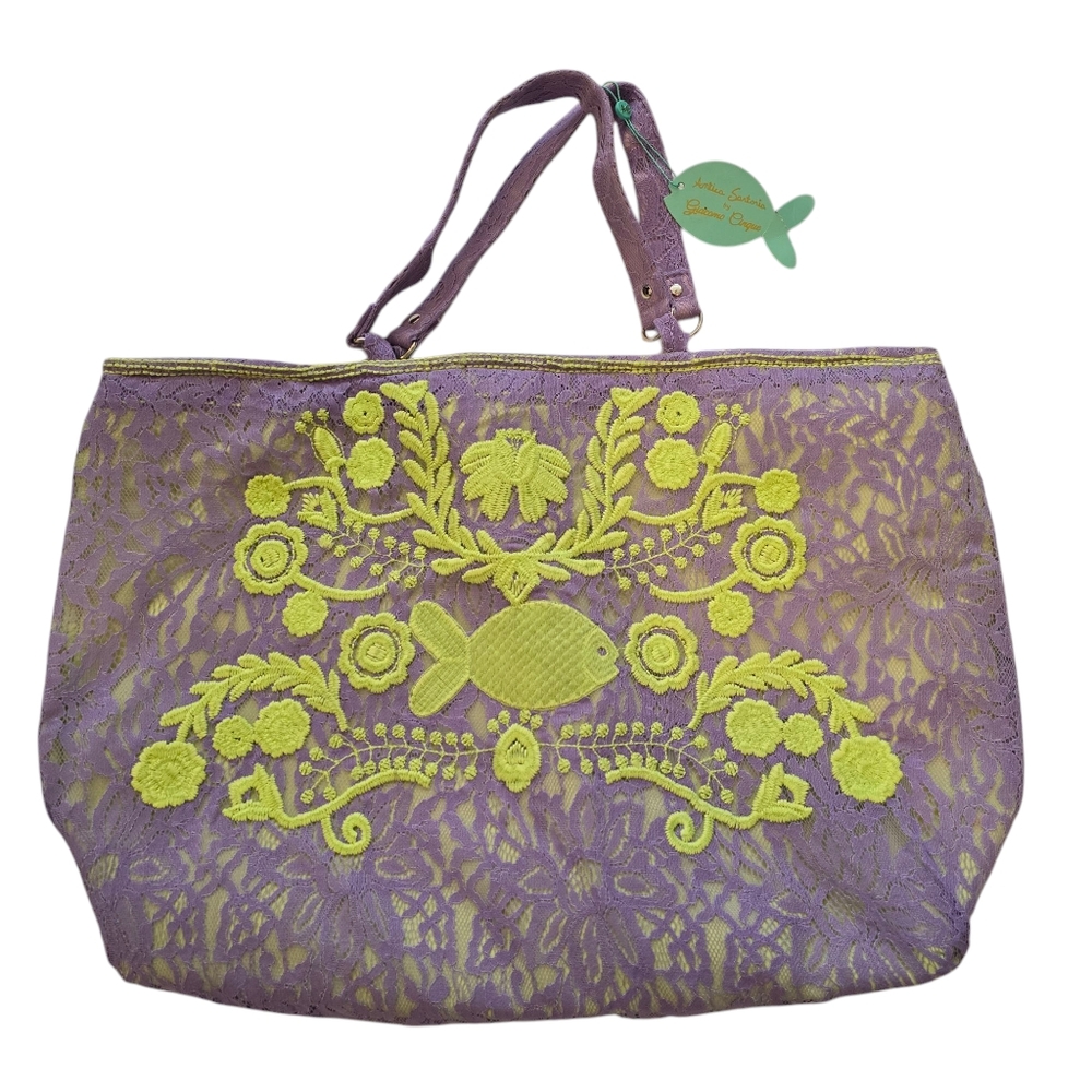 Antica Santoria By Giacomo Cinque Lavendar Lace & Embroidery Beach Bag